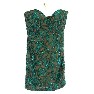 Scala Prom Homecoming Brown Silk Green Sequin Strapless Dress